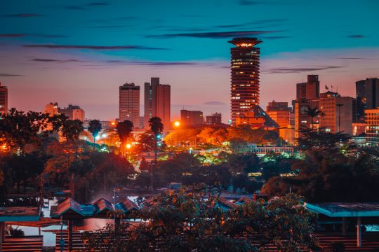 Nairobi cityscape with giraffes